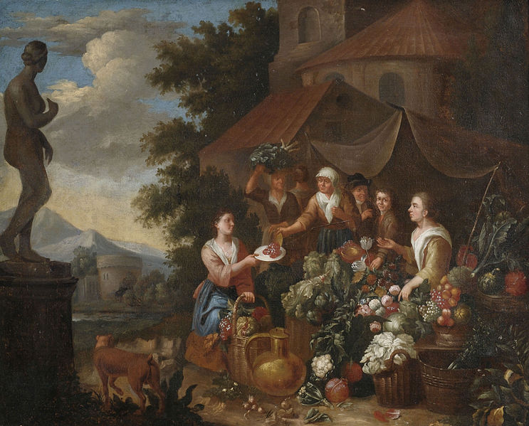 Circle of Pierre Gobert Verkauf von Gemuse und Blumen an einem italienischen Marktstand